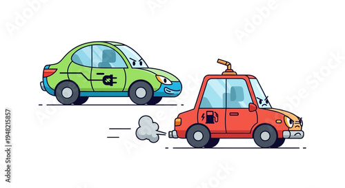 Electric car concept vehicle driving with a classic car emissions on white background