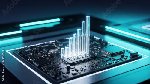 A microchip with glowing data bars rising, representing growth or progress