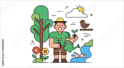 Happy Gardener Nurturing a New Seedling with Care in a Vibrant Natural Environment, Emphasizing Eco-Friendly Practices and Sustainable Growth