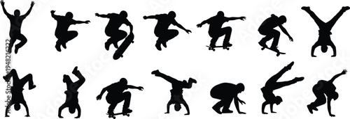 Skateboarder and breakdancer silhouette action poses set, street sport tricks collection with jumping skateboard moves and breakdance handstand movements isolated on white background
