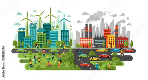 Urban Transformation Illustrating the Stark Contrast Between a Sustainable Green City and a Polluted Industrial Environment