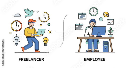 Visualizing the professional journey comparing the flexible lifestyle of a freelancer with the structured routine of an employee