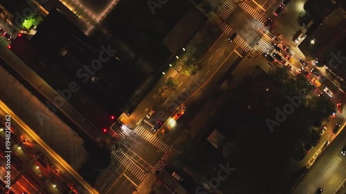 Aerial view of city streets at night in New York, USA