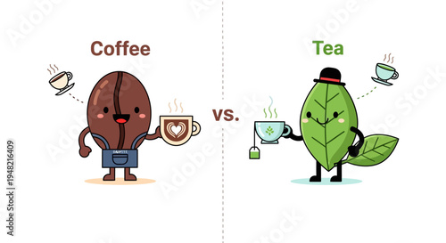Charming illustration of coffee versus tea, with adorable bean and leaf characters playfully representing popular morning drink choices and daily beverage preference
