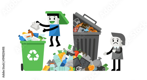 Sustainable Waste Management Happy Recycler Sorts into Green Bin, Contrasting with Overflowing Unsustainable Trash