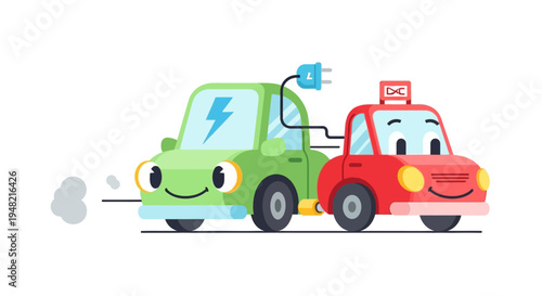 Friendly cartoon electric cars showcasing sustainable energy transfer, with one green EV powering a red companion on a white background