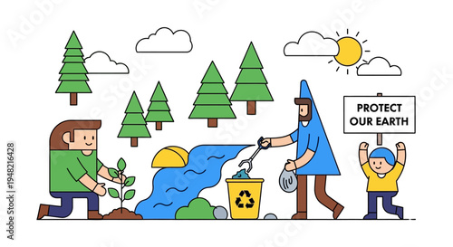 Collaborative efforts to protect the earth, featuring people planting saplings, cleaning up rivers, and advocating for a sustainable environmental future