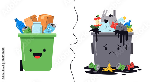 The Tale of Two Bins Happy Recycled Waste Versus Sad Mixed Trash – Promoting Cleanliness and Environmental Stewardship