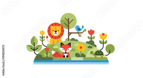 A delightful illustration of a whimsical forest scene featuring friendly animals and vibrant flora, perfect for children's content and nature-themed designs