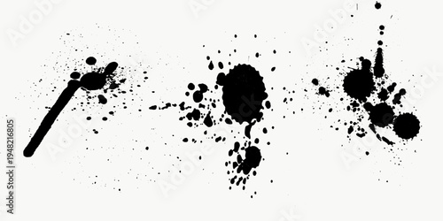 Realistic set of black powder splashes isolated on transparent background. Vector illustration of dust particles, ash