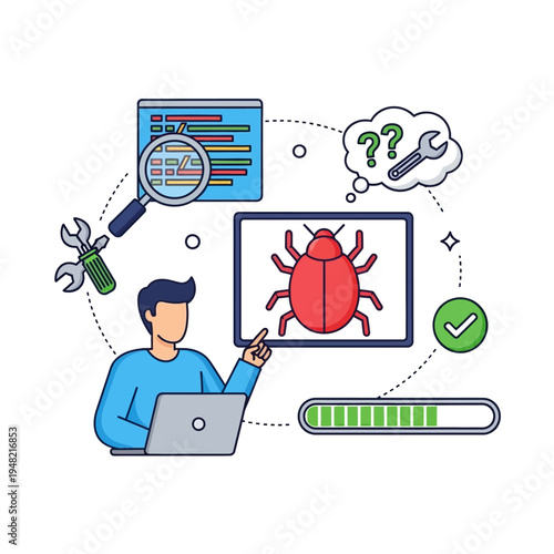 Programmer debugging a software bug on a computer screen with tools and progress bar.