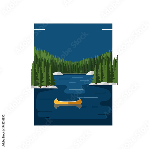 Serene canoe floating on a calm lake surrounded by a dense pine forest under a dark blue night sky.