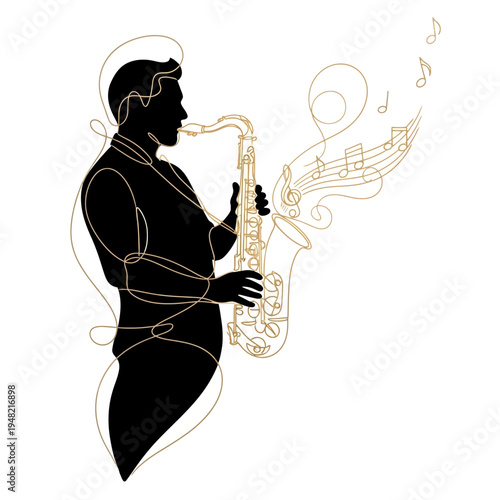 Silhouette of a man playing the saxophone with musical notes flowing around him, artistic illustration.