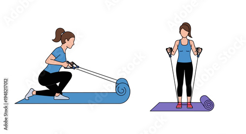 Illustration of two women engaging in fitness training with resistance bands on yoga mats in a healthy living routine