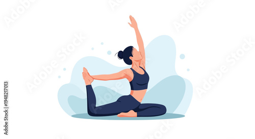 Illustration of a woman in a yoga pose with one leg stretched out and arm raised in a healthy fitness routine