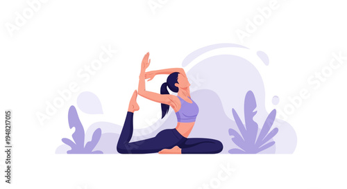 Illustration of a woman performing a yoga pose with one leg extended and arm raised in a serene, purple-toned environment