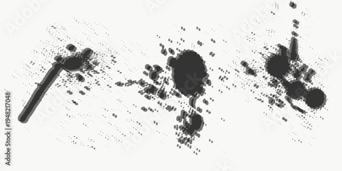 Realistic set of black powder splashes isolated on transparent background. Vector illustration of dust particles, ash