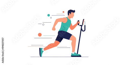 A man in athletic wear running on a treadmill with a dynamic illustration style and a clean white background conveying a healthy and fitness-focused mood