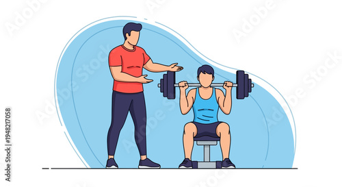 A man assists another man with weight lifting in a fitness training session with dumbbells and barbells