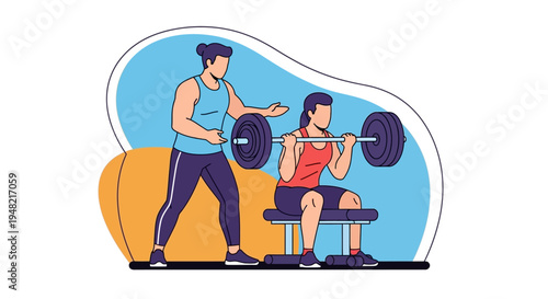 Vector illustration of a man lifting weights while another man spots him during fitness training with dumbbells and barbells in a sports setting