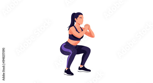 A woman in athletic wear performing a squat exercise with her hands clasped in front of her face against a clean white background