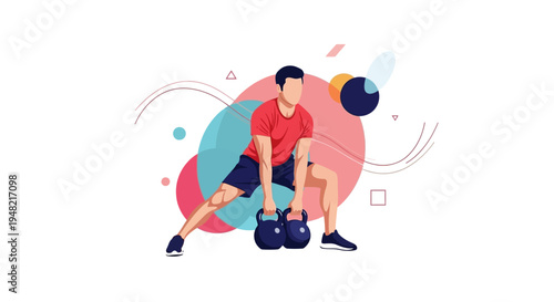 A man in a red shirt and black shorts lifting dumbbells with a dynamic illustration style and colorful geometric background conveying a fitness and healthy living mood