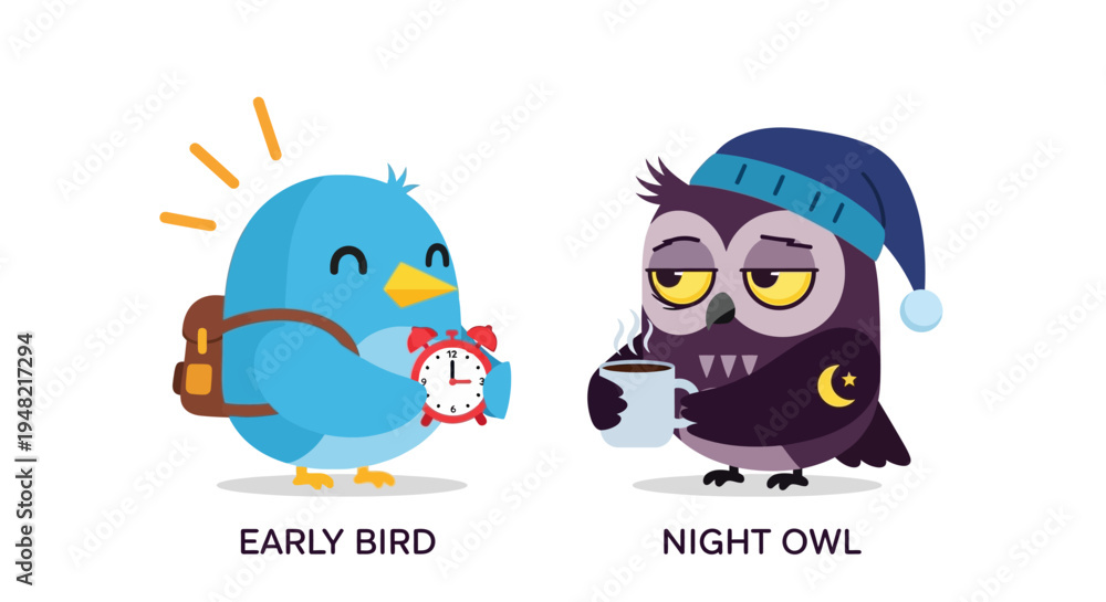 Fototapeta premium Early Bird vs Night Owl A humorous depiction of morning and night routines with contrasting characters and objects