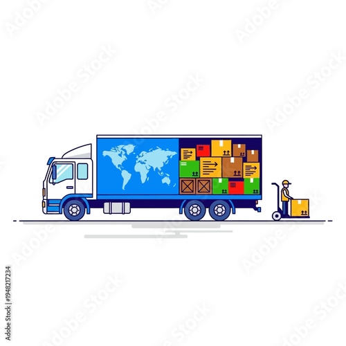 Delivery truck loaded with boxes and a worker with a hand truck, symbolizing global logistics and shipping services.