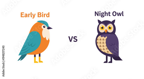Understanding Personal Chronotypes A Vibrant Cartoon Illustration Comparing the Early Bird's Morning Drive with the Night Owl's Nocturnal Productivity
