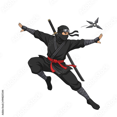 A ninja in a black uniform with a red sash, performing a dynamic martial arts pose with a sword and shuriken.