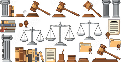 Justice and law vector icon set with gavels scales courthouse columns legal books certificates and judiciary symbols