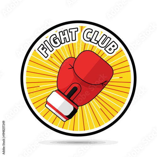 Red boxing glove with the words Fight Club written around it in a circle, on a yellow background with radiating lines.