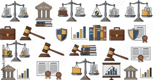 Law and justice icons set with courthouse scales gavel legal books shield briefcase and legal documents vector illustration