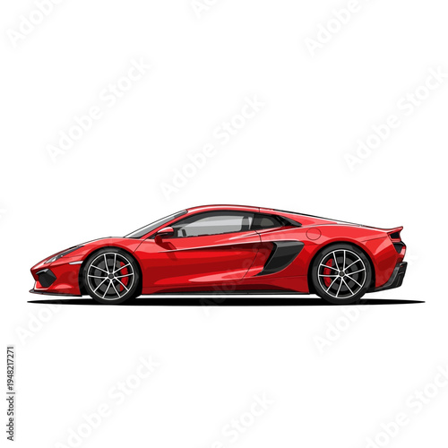 Sleek red sports car with aerodynamic design and alloy wheels, isolated on a white background.