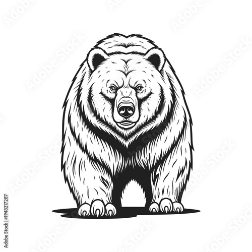 A powerful grizzly bear standing and looking directly at the viewer with an intense expression, rendered in a bold black and white illustration style.