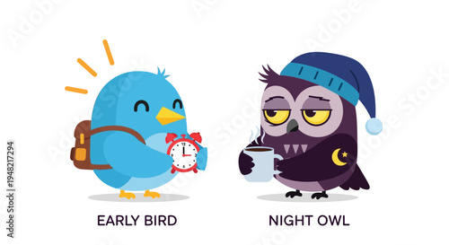 Early Bird vs Night Owl A humorous depiction of morning and night routines with contrasting characters and objects