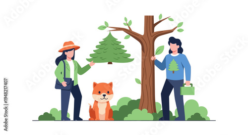 Caring for Our Planet Volunteers Planting Trees, Fostering Reforestation and Environmental Harmony with a Playful Fox