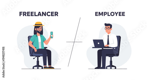 Conceptual illustration contrasting the working dynamics and professional lives of self-employed freelancers with regular company employees