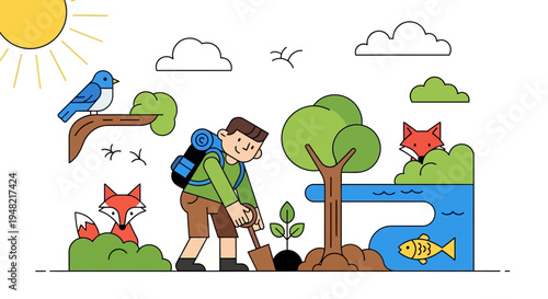 Young man planting a new tree sapling in a vibrant natural environment, promoting green earth and ecological sustainability