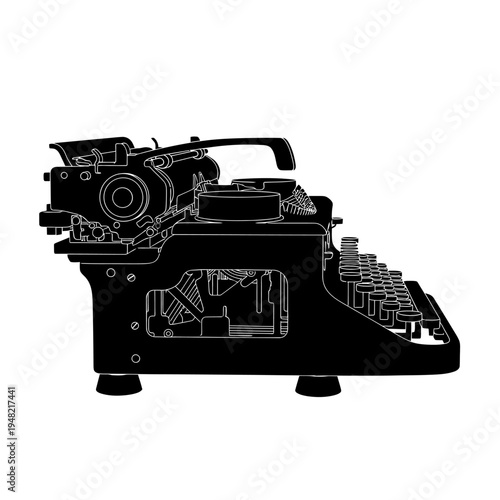 Detailed silhouette illustration of a vintage typewriter, showcasing its intricate mechanical components.