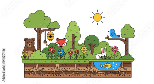 Cartoon Forest Ecosystem Illustration with Diverse Animals, Lush Greenery, Colorful Flowers, and a Pond, Showcasing Natural Harmony and Biodiversity