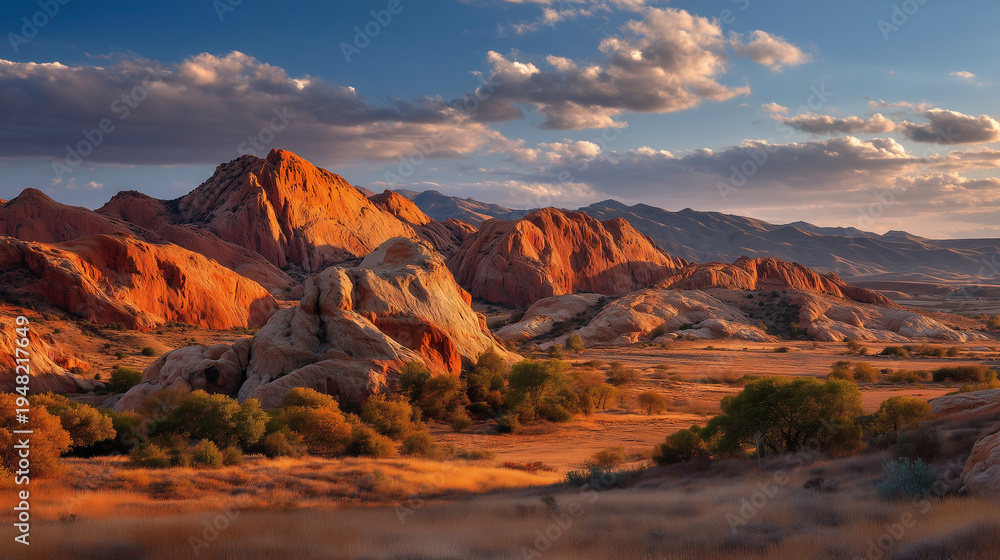 Naklejka premium Majestic landscape featuring rugged mountain range under cloudy sky bathed in warm light