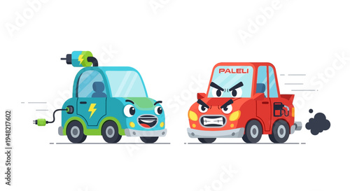 Electric car versus gasoline car cartoon illustration showing a friendly electric vehicle and an angry combustion engine car