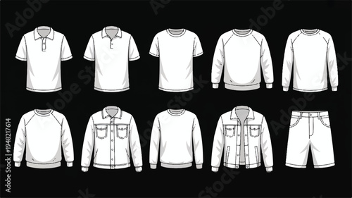 Collection of various white clothing items for fashion design  shirts and pants