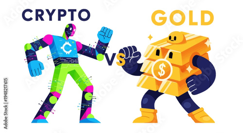 Crypto vs Gold A Futuristic Robot Battles a Stack of Gold Bars, Illustrating a Financial Debate