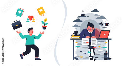Illustration of a man juggling life and work, contrasted with a stressed person overwhelmed by work