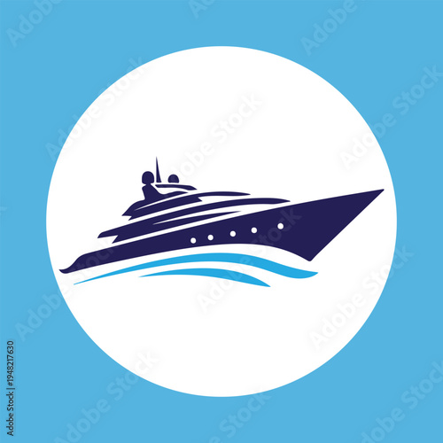 Modern yacht logo design on blue background circle depicting luxury marine transport cruise ship illustration for nautical branding needs