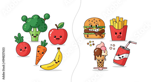 Whimsical Cartoon Confrontation Healthy Foods vs