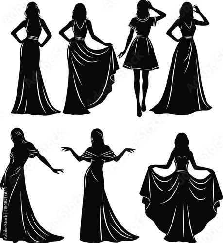 Fashion silhouette illustration, elegant women dress artwork, cocktail gown vector design, stylish outfit concept, decorative fashion artwork, feminine clothing illustration