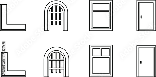 Black and white architectural icons set featuring doors, windows, arches, and structural brackets, symbolizing building design, construction elements, architectural planning, 